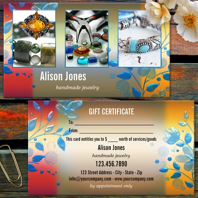 Your 3 Photos Colorful Floral Jewelry Gift Busines (Artisan crafts or jewelry business card featuring your photos framed by a colorful floral design)
