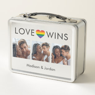 YOUR 3 Photos & Custom Names / Text Rainbow LOVE Metal Lunch Box