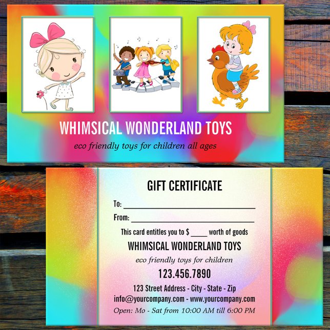 Your 3 Photos Toy Store Gift Business Card (Eye catching portfolio gift certificate business card with watercolor art - child toys retail shop)