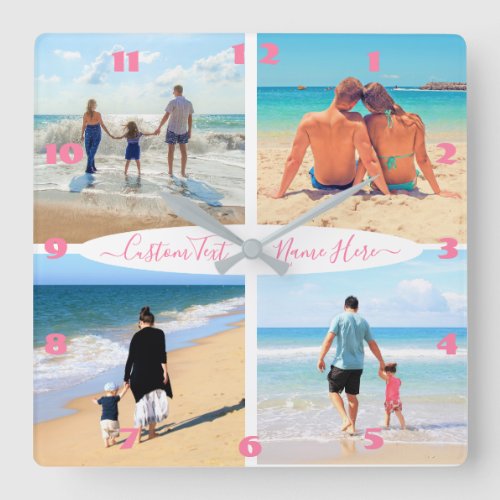 Your 4 Photo Collage Text Name Family Personalized Square Wall Clock