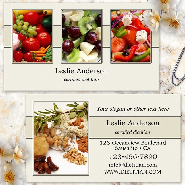 Your 4 Photos Dietitian or Nutrionist Elegant Business Card (Health coach or dietitian/nutritionist business card showing your photos on an elegant cream design)