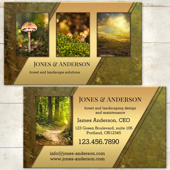Your 4 Photos Forest Landscaping Portfolio Business Card (Green gold nature inspired business card - gardening - gardener - landscaping - outdoors)