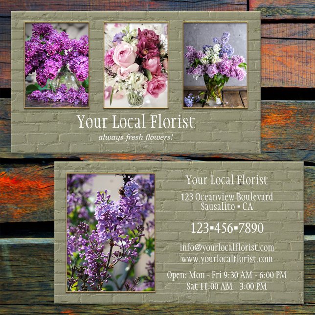 Your 4 Photos Green Brick Wall Florist Portfolio Business Card (Business card featuring your own custom photos framed by a green brick wall - florist - gardener)