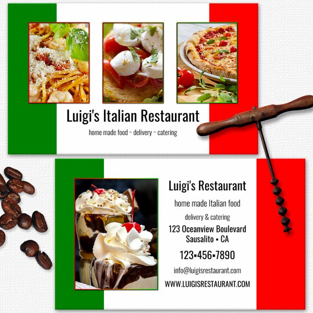 Your 4 Photos Italian Restaurant Business Card (Italian restaurant business card featuring your custom photos on the Italian flag)