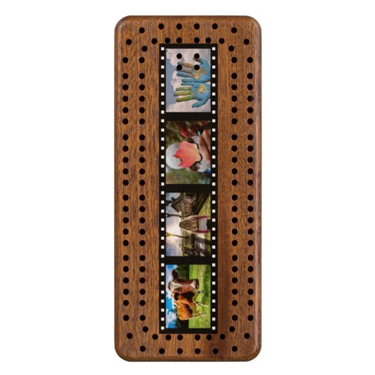 YOUR 4 PHOTOS & TEXT custom Cribbage set Wood Cribbage Board (Front Vertical)