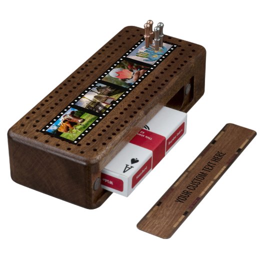 YOUR 4 PHOTOS & TEXT custom Cribbage set Wood Cribbage Board (Angled)