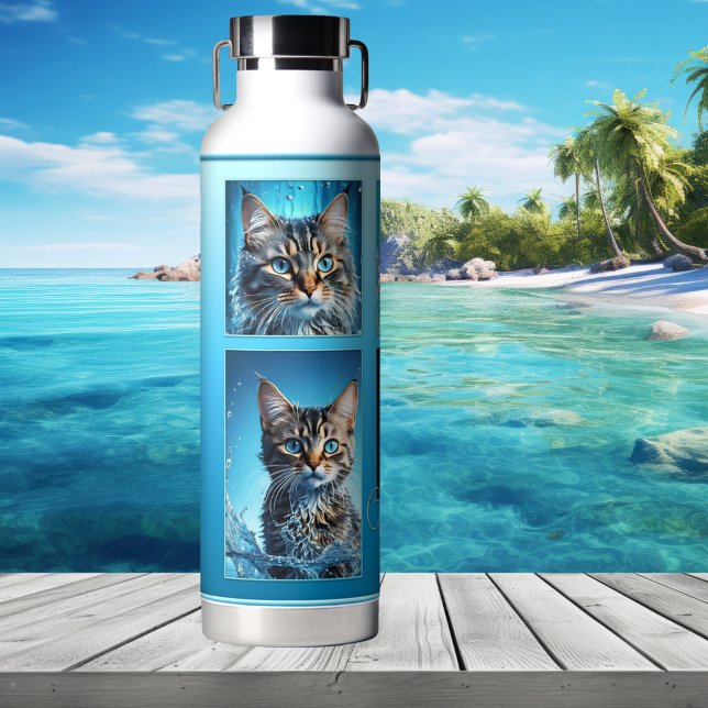 Your 4 Photos Turquoise Blue Water Bottle (Water bottle featuring your 4 photos on a turquoise blue gradient design)