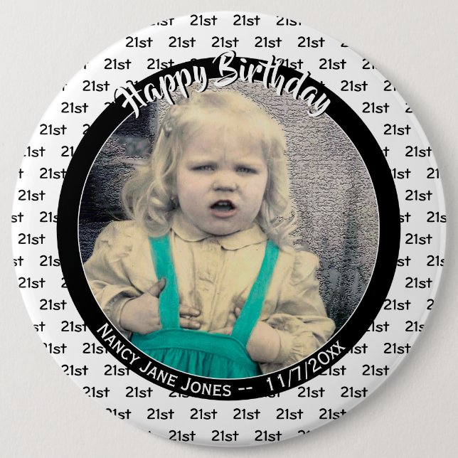 Your Age & Photo: Birthday Number Pattern Black Button (Front)