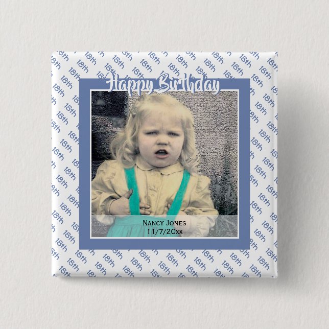 Your Age & Photo: Birthday Number Pattern Blue Button (Front)