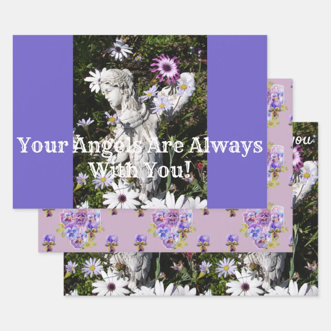 Your Angels Are With You Purple Flower Floral Wrapping Paper Sheets (Set)
