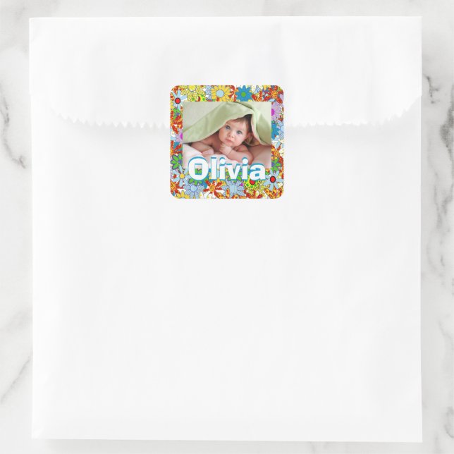 Your Baby Photo Colorful Floral Pattern Square Sticker (Bag)