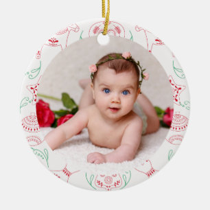 Your Baby Photo CUSTOM Nordic Red White Christmas Ceramic Ornament
