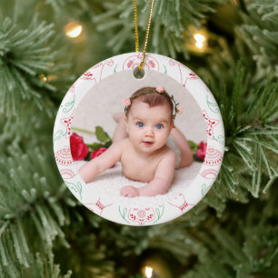 Your Baby Photo CUSTOM Nordic Red White Christmas Ceramic Ornament