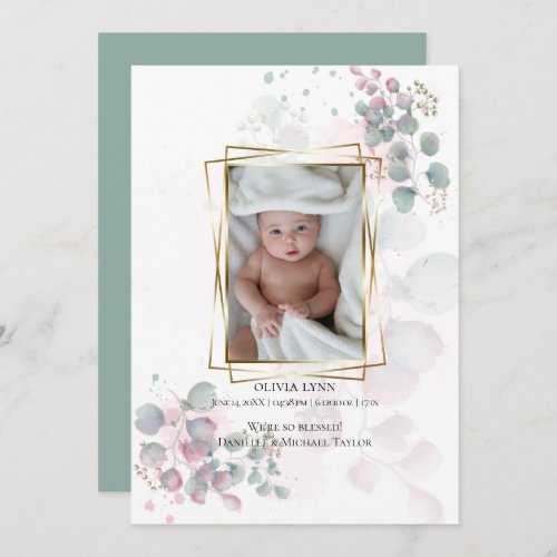 Your Baby Photo Modern Watercolor Eucalyptus Invitation