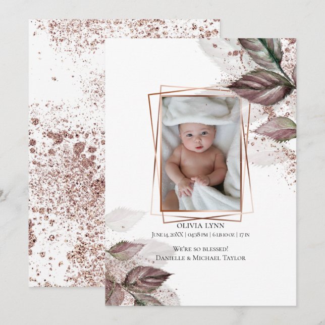 Your Baby Photo Modern Watercolor Foliage Invitation (Front/Back)