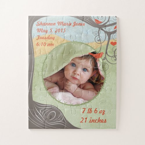 Your Babys Photo and Birth Stats Forest Tree Bird Jigsaw Puzzle