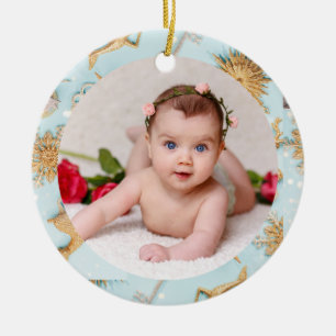 Your Baby's Photo CUSTOM Baby Blue Gold Christmas Ceramic Ornament