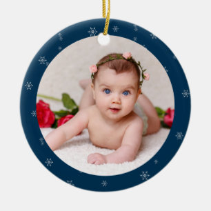 Your Baby's Photo CUSTOM Christmas German Blue Ceramic Ornament