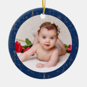 Your Baby's Photo CUSTOM Christmas Navy Gold Luxe Ceramic Ornament