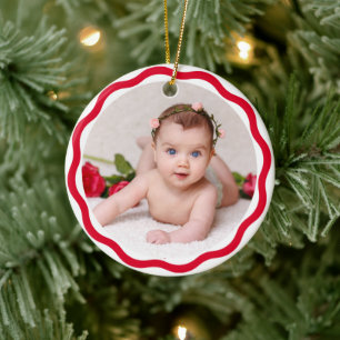 Your Baby's Photo CUSTOM Christmas Red Waves Ceramic Ornament