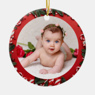 Your Baby's Photo CUSTOM Red Christmas Candies Ceramic Ornament