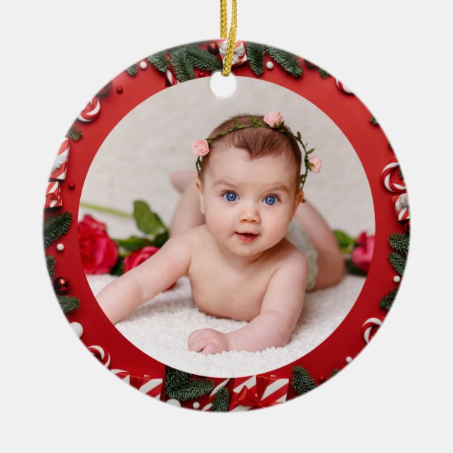 Your Baby's Photo CUSTOM Red Christmas Candies Ceramic Ornament (Front)