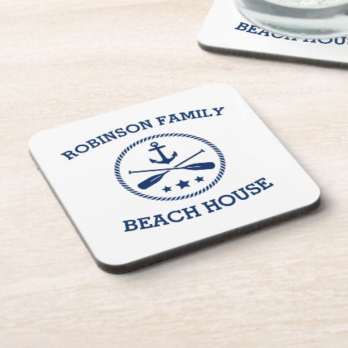 Your Beach House Family Name Anchor Oars Stars Beverage Coaster