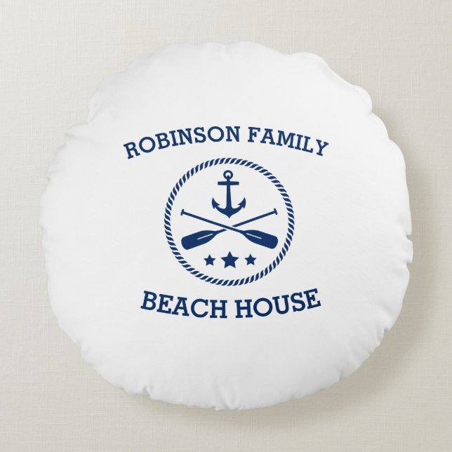 Your Beach House Family Name Anchor Oars Stars Round Pillow (Front)