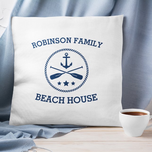 Your Beach House Family Name Anchor Oars Stars Throw Pillow (Creator Uploaded)