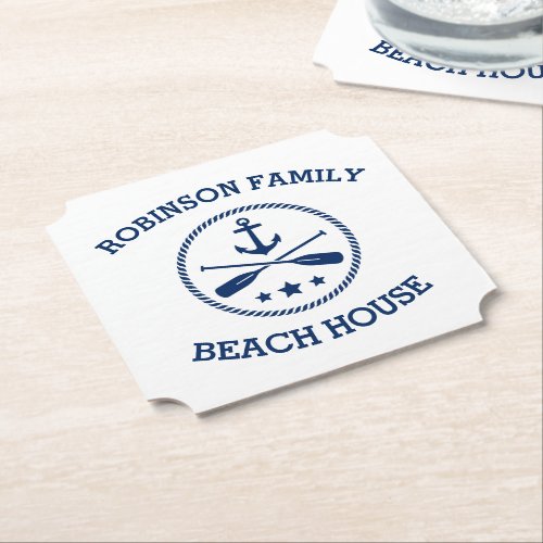 Your Beach House Family Name Anchor Stars Paddles Paper Coaster