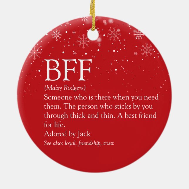 Your BFF Definition Best Friend Snowflakes Red Ceramic Ornament (Back)