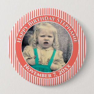 Your Birthday Photo Simple Stripes Coral/White Button