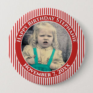 Your Birthday Photo Simple Stripes Red/White Button