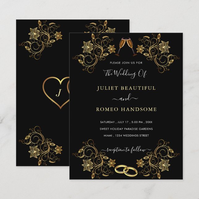 Your Black Gold Floral Wedding Invitation Template (Front/Back)