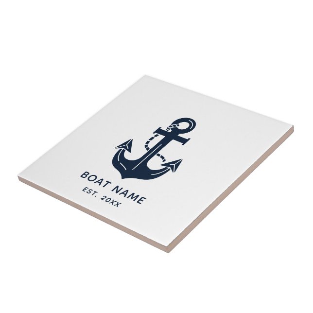 Your Boat Name Anchor Blue  Ceramic Tile (Side)