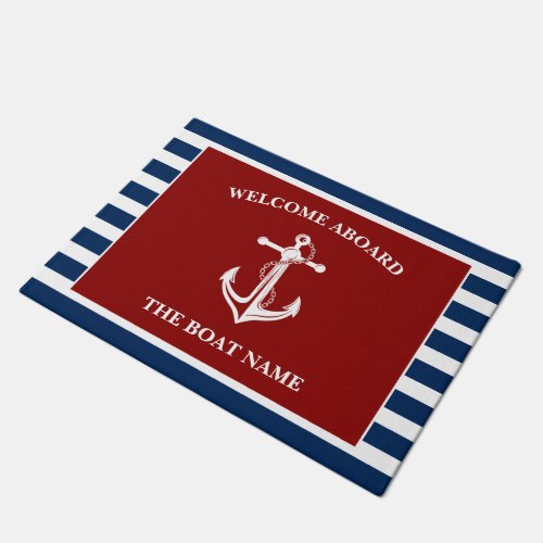 Your Boat Name Anchor Blue Red Welcome Aboard Doormat