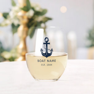 Your Boat Name Anchor Blue Stemless Wine Glass