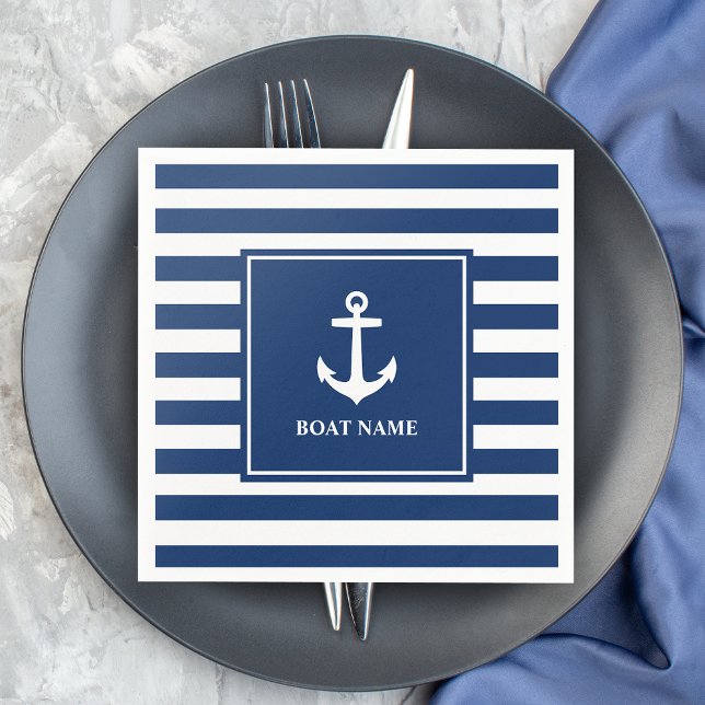 Your Boat Name Anchor Blue Stripes Napkins (Creator Uploaded)