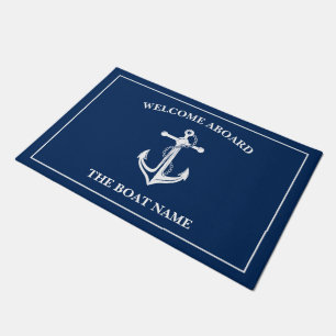 Your Boat Name Anchor Blue Welcome Aboard Doormat
