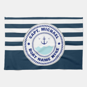 Your Boat Name Anchor Blue white Kitchen Towel
