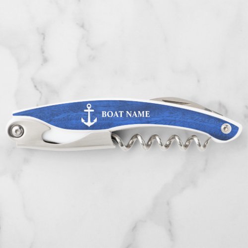 Your Boat Name Anchor Blue Wood Style Waiters Corkscrew