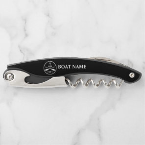 Your Boat Name Anchor & Crossed Oars on Black Waiter's Corkscrew