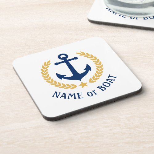 Your Boat Name Anchor Elegant Gold Laurel White Beverage Coaster