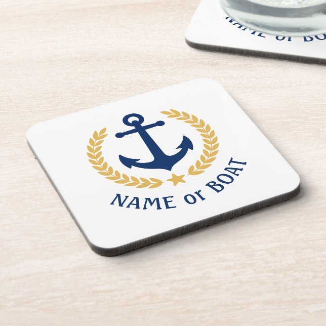 Your Boat Name Anchor Elegant Gold Laurel White Beverage Coaster (Left Side)