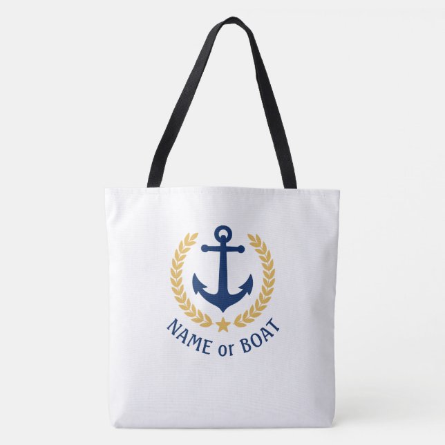 Your Boat Name Anchor Gold Laurel Large White Tote Bag (Front)
