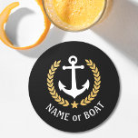 Your Boat Name Anchor Gold Laurel Star Black Round Paper Coaster<br><div class="desc">A nautical themed,  personalized set of round paper coasters with your boat name,  family name or other desired text as needed. Featuring a custom designed vintage boat anchor,  gold style laurel leaves and star emblem on black or easily adjust the primary color to match your current theme.</div>