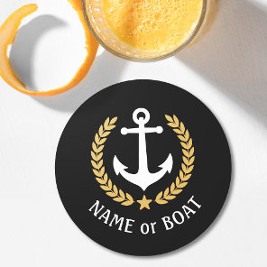 Your Boat Name Anchor Gold Laurel Star Black Round Paper Coaster