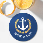 Your Boat Name Anchor Gold Laurel Star Blue Round Paper Coaster<br><div class="desc">A nautical themed,  personalized set of round paper coasters with your boat name,  family name or other desired text as needed. Featuring a custom designed vintage boat anchor,  gold style laurel leaves and star emblem on navy blue or easily adjust the primary color to match your current theme.</div>
