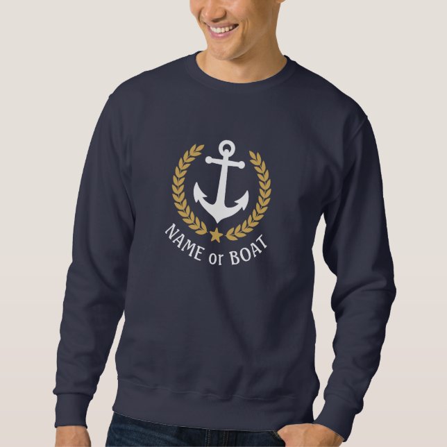 Your Boat Name Anchor Gold Laurel Star Navy Sweatshirt (Front)