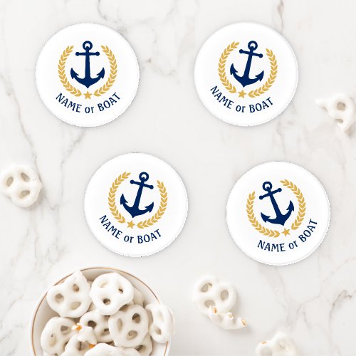 Your Boat Name Anchor Gold Laurel Star White Coaster Set